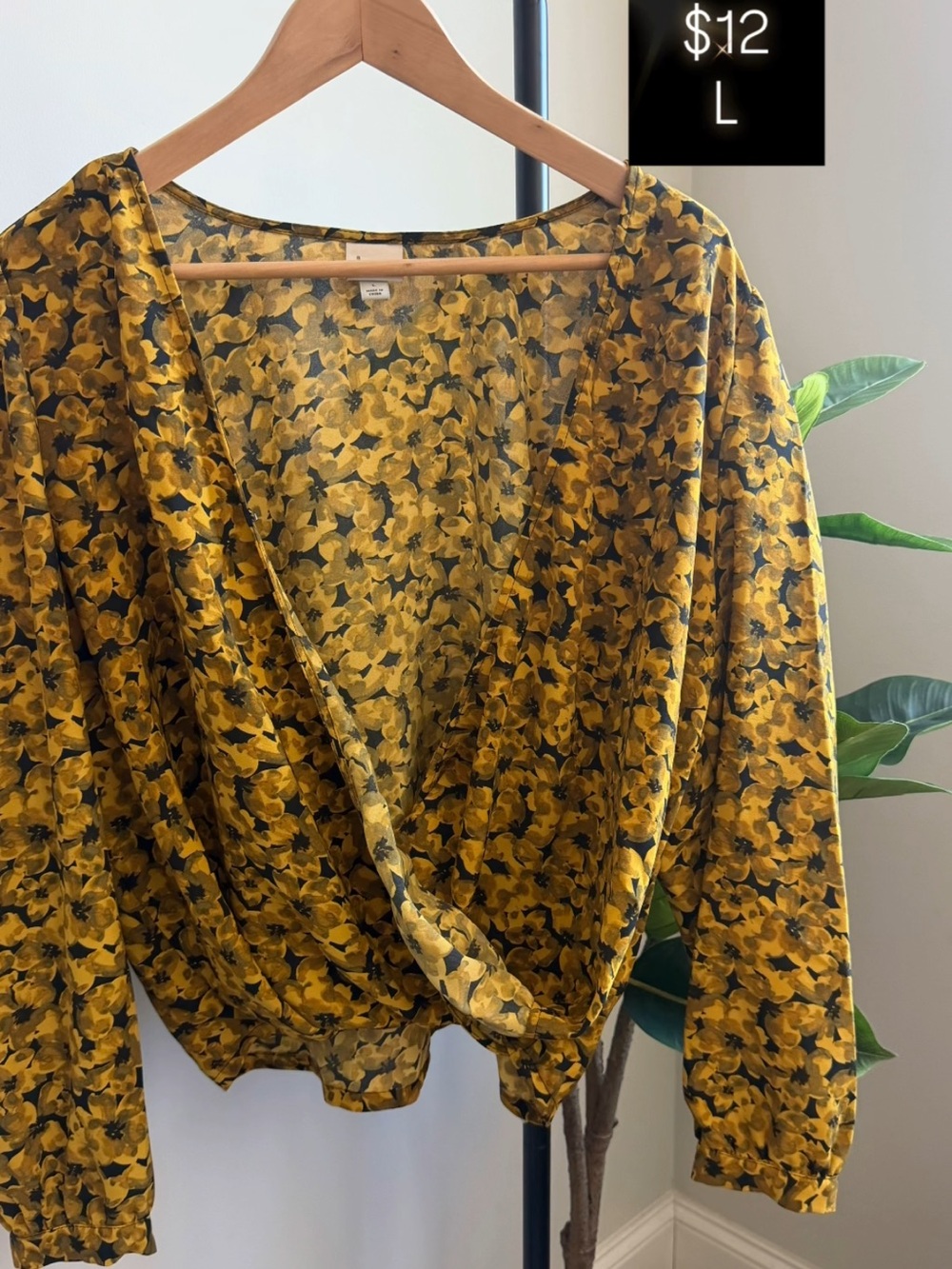 A New Day Women's Mustard Yellow Floral Wrap Blouse